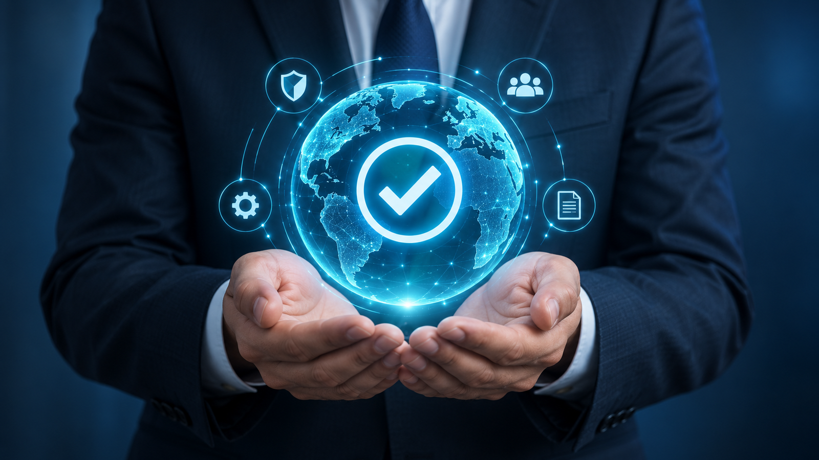Hands holding a connected globe with certification check
